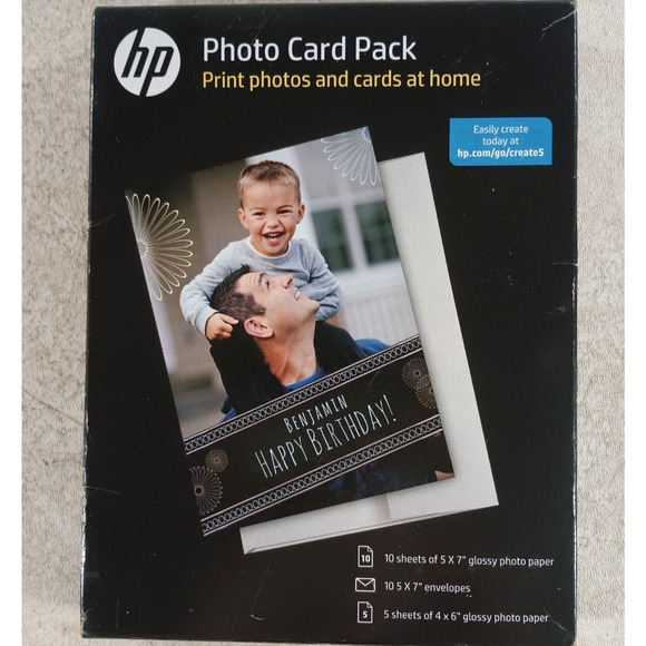 HP Photo Card Pack 10 Sheets 5x7 with Envelopes 5 Sheets 4x6 Glossy Photo Paper - Picture 1 of 3